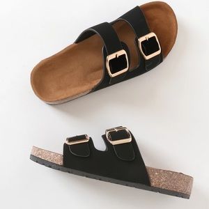 Carmella Black Nubuck Buckled Slide Sandals Lulus